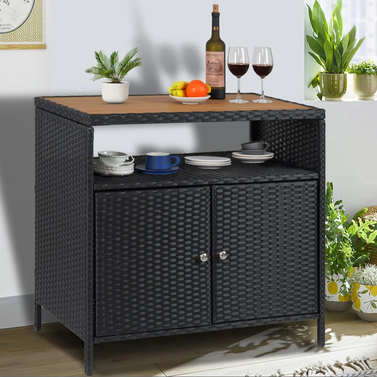 GARVEE brown wicker patio storage cabinet with two doors