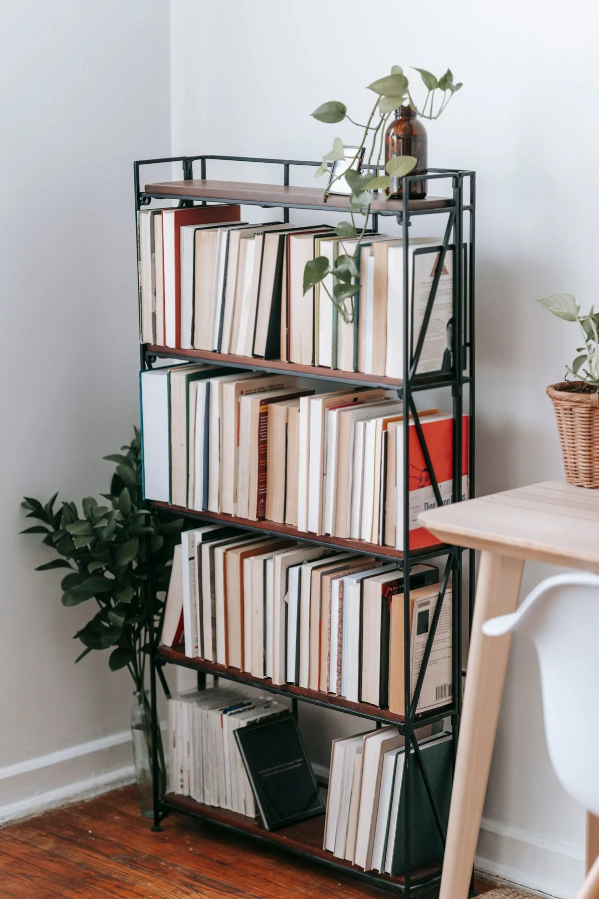 Bookshelves and plants beside a desk in a bright room